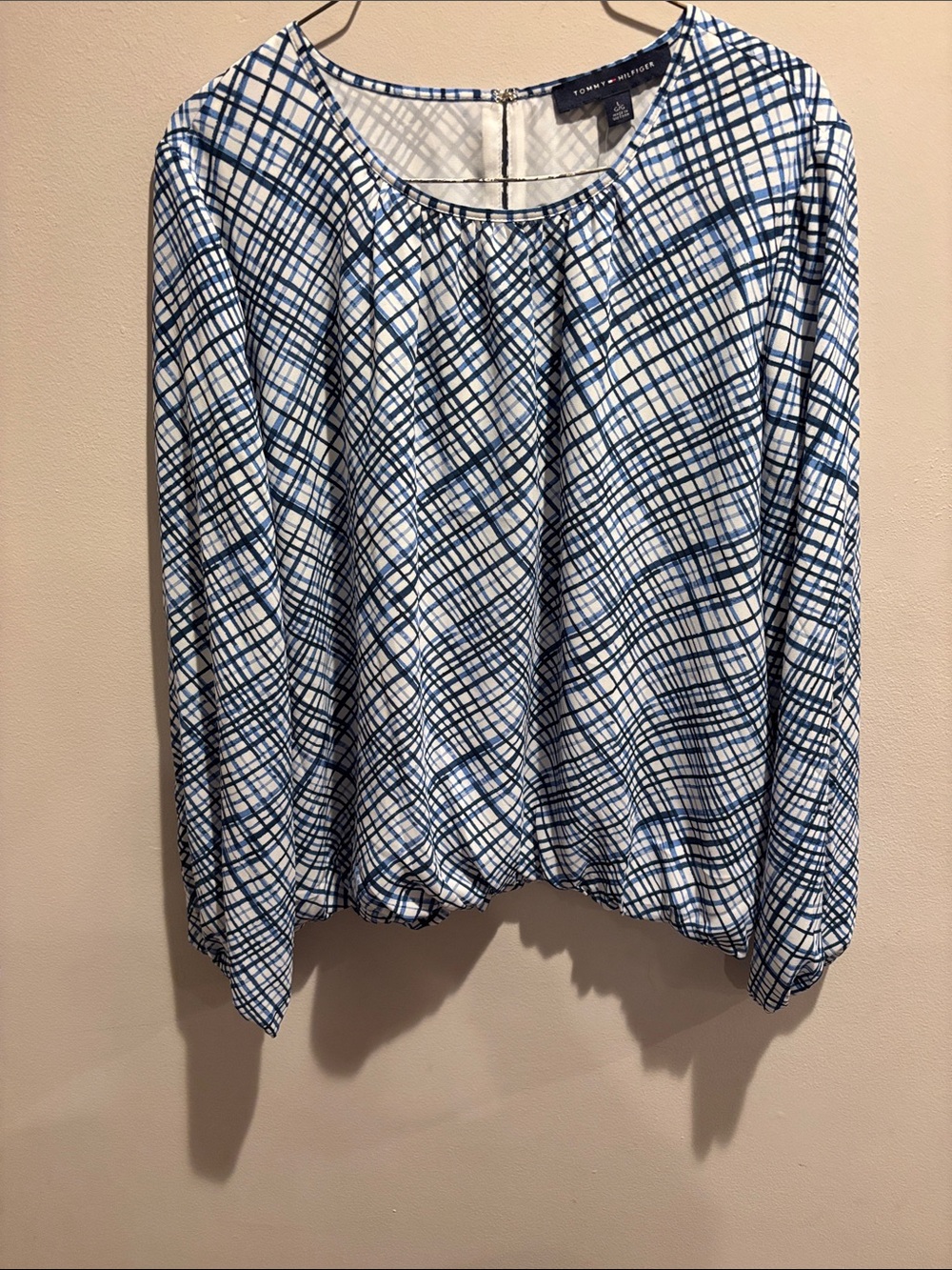 Tommy Hilfiger White and Blue Plaid Long-Sleeve Blouse